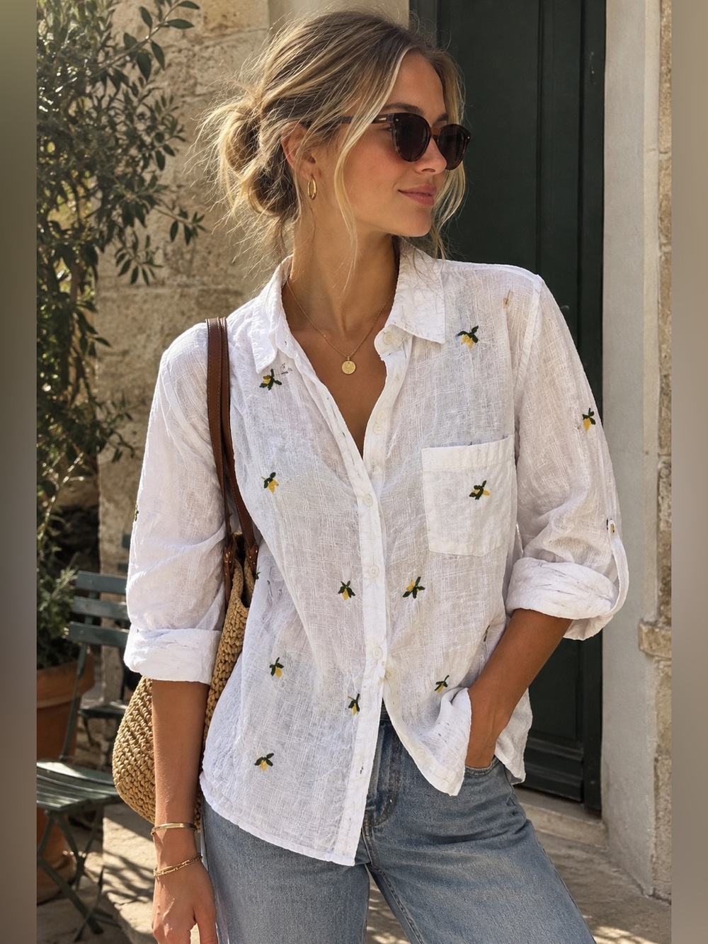 Lucky Brand White Button-Down Shirt with Yellow & Green Embroidered Lemons